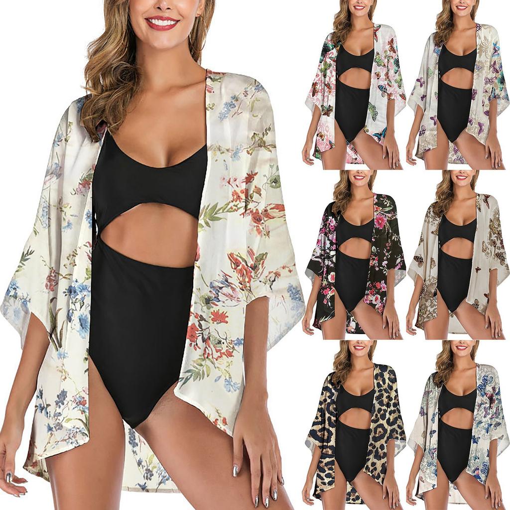 Women Chiffon Floral Print Kimono Loose Half Sleeve Shawl Cardigan Cover Up Tops