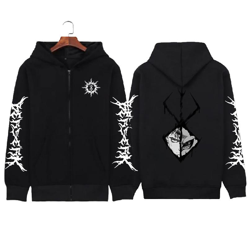 Skull Berserk Zip Up Hoodie Manga Graphic Print Zipper Sweatshirts Men Unisex Long Sleeves Fleece Hooded Streetwear Coats