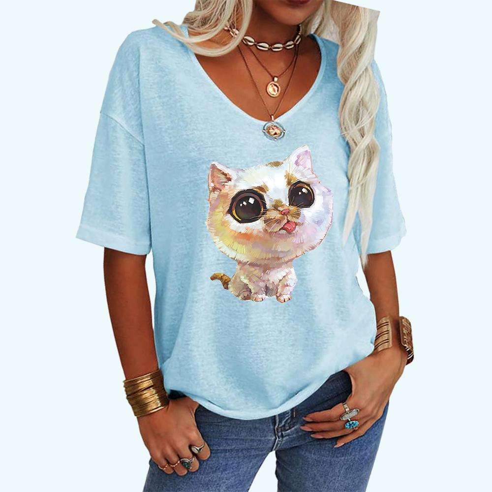 Женская модная футболка с принтом кота, летняя повседневная футболка с V-образным вырезом, свободная футболка с коротким рукавом