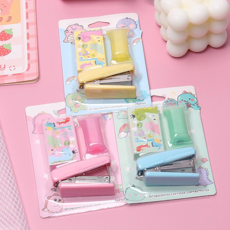Candy Color Mini Stapler & Highlighter Set: Creative Cartoon Unicorn & Dinosaur Design