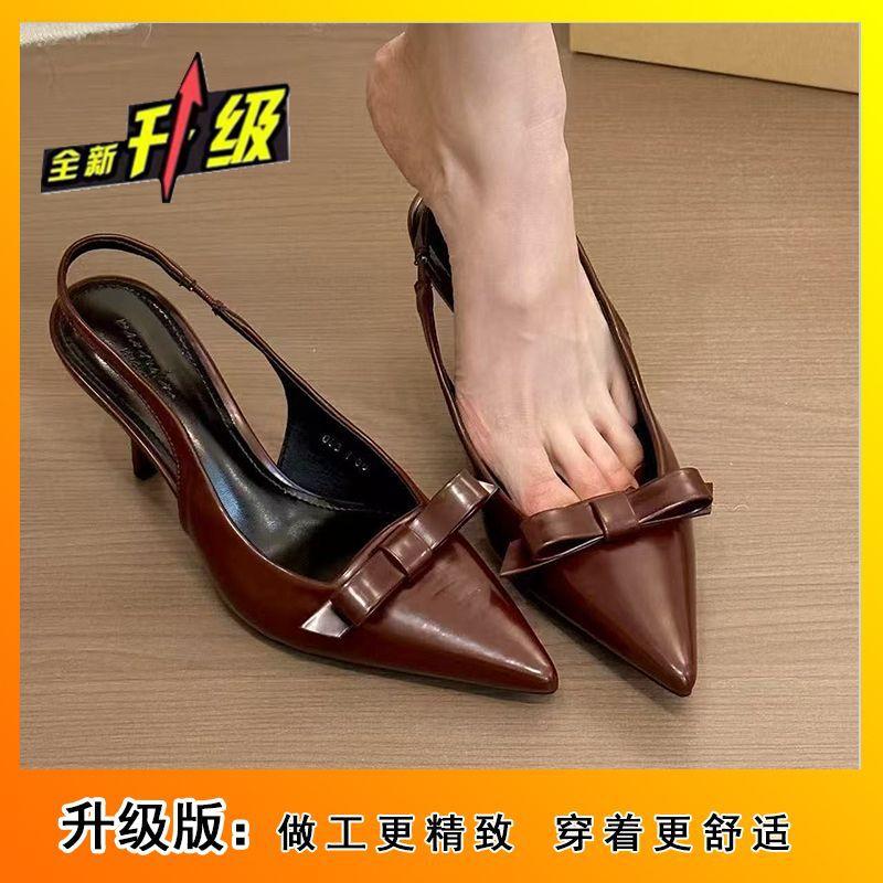 Корейская версия элегантные туфли-лодочки на высоком каблуке с бантом 2025 осень новые шпильки с ремешком на подъеме заостренный модные сандалии женские