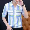 New Summer Men's Short-sleeved Shirt Hairstylist Striped Semi-zipper Youth Trendy Handsome Five-point Shirt