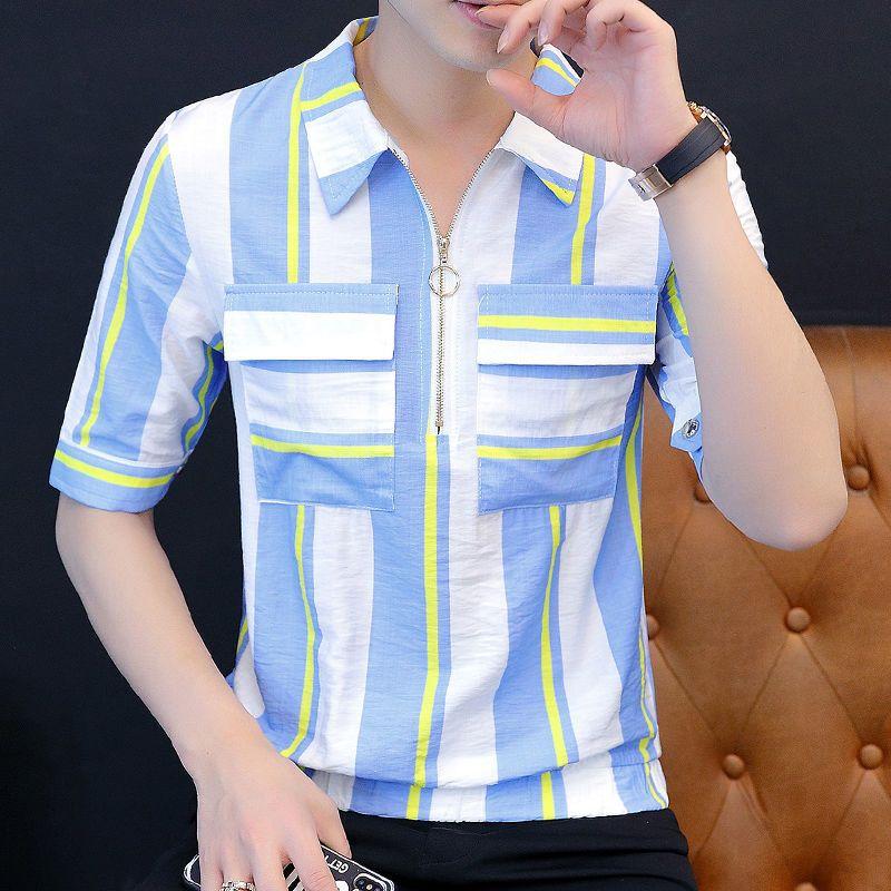 New Summer Men's Short-sleeved Shirt Hairstylist Striped Semi-zipper Youth Trendy Handsome Five-point Shirt