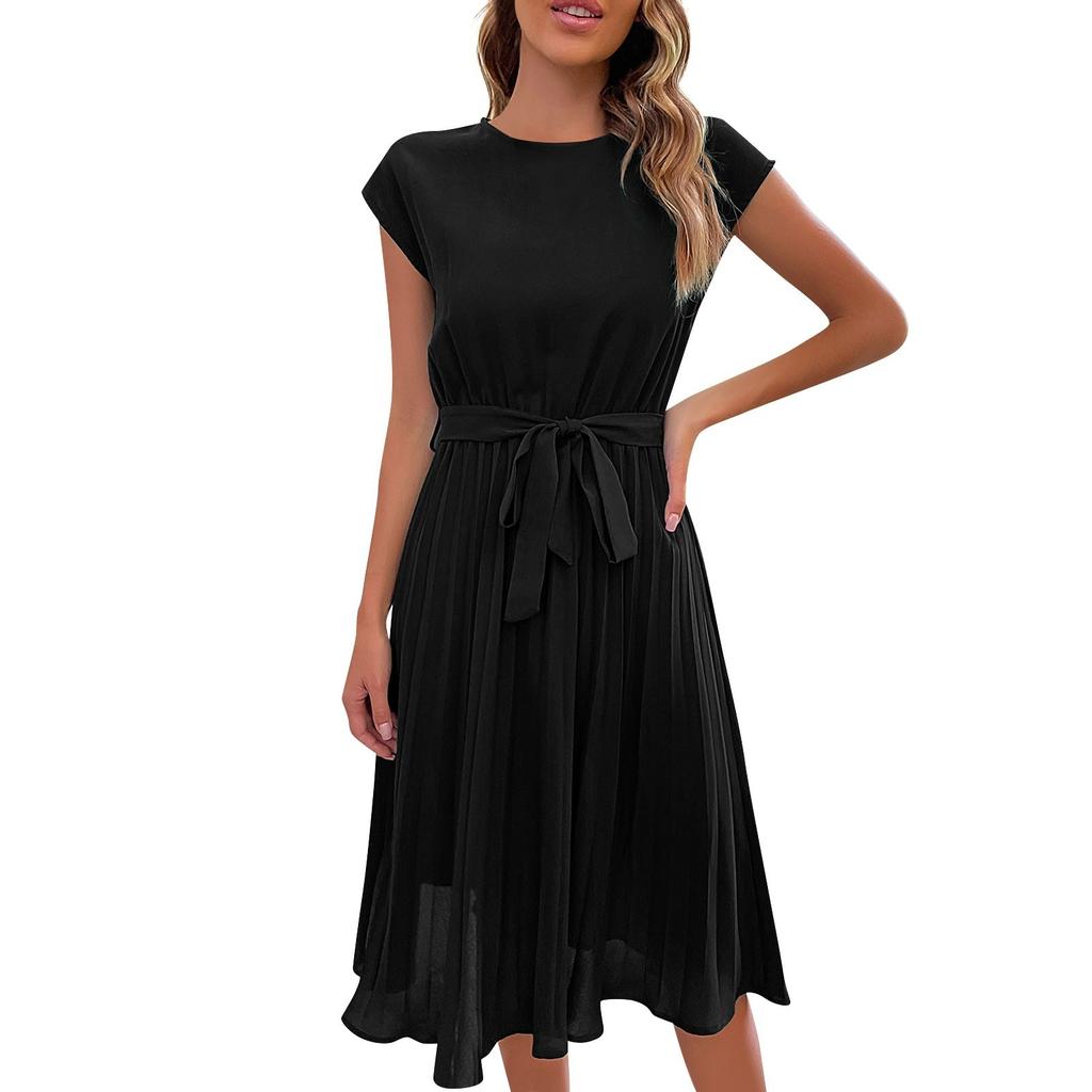 Женские летние однотонные плиссированные платья с круглым вырезом и галстуком