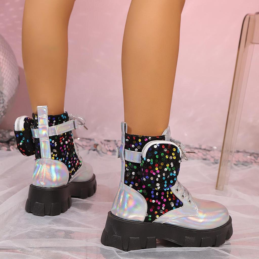 Autumn Winter Plus Size Women'S Pocket Boots Personalized Bags Boots Sequins Decoration Round Toe Thick Sole 35-43