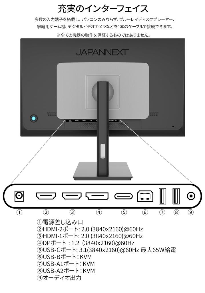 Монитор JAPANNEXT 4K UHD разрешение 3840x2160 IPS дисплей блок питания подсветка 27 дюймов (KVM/HDMI/USB-C (65W) / DisplayPort/Встроенный динамик/VESA