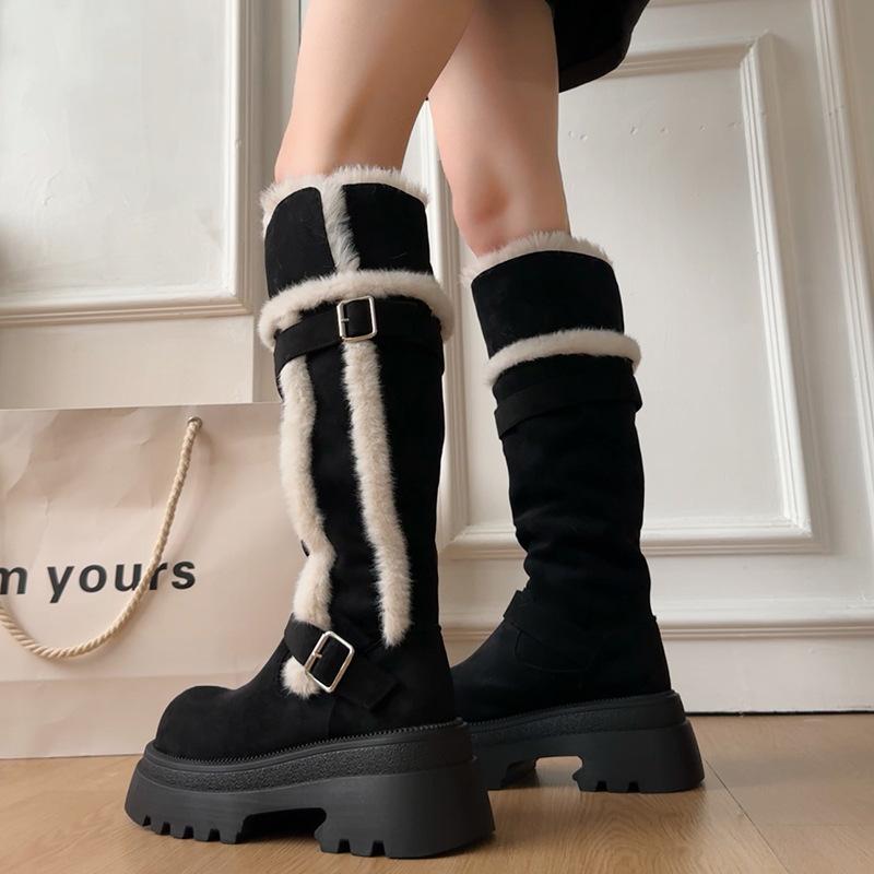 Женские мягкие эластичные на высокой толстой подошве зимние меховые теплые холодные утепленные сноубутсы нескользящие износостойкие повседневные спортивные длинные хлопковые сапоги