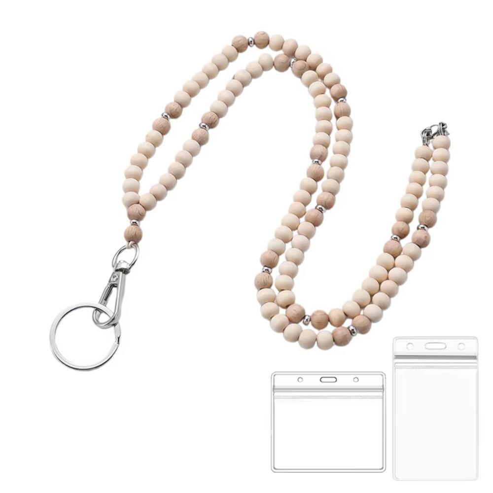 Выдвижной держатель для бейджа на шнурке, застежка из нержавеющей стали, бусина из натурального дерева, бохо-брелок-ожерелье с 2 держателями для карт