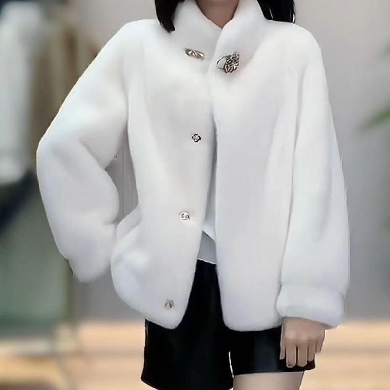 New Mink Fur One Piece Short Stand Neck Fashion Versatile Casual Slim Large Size Faux Fur Coat Autumn Winter Feminine Style