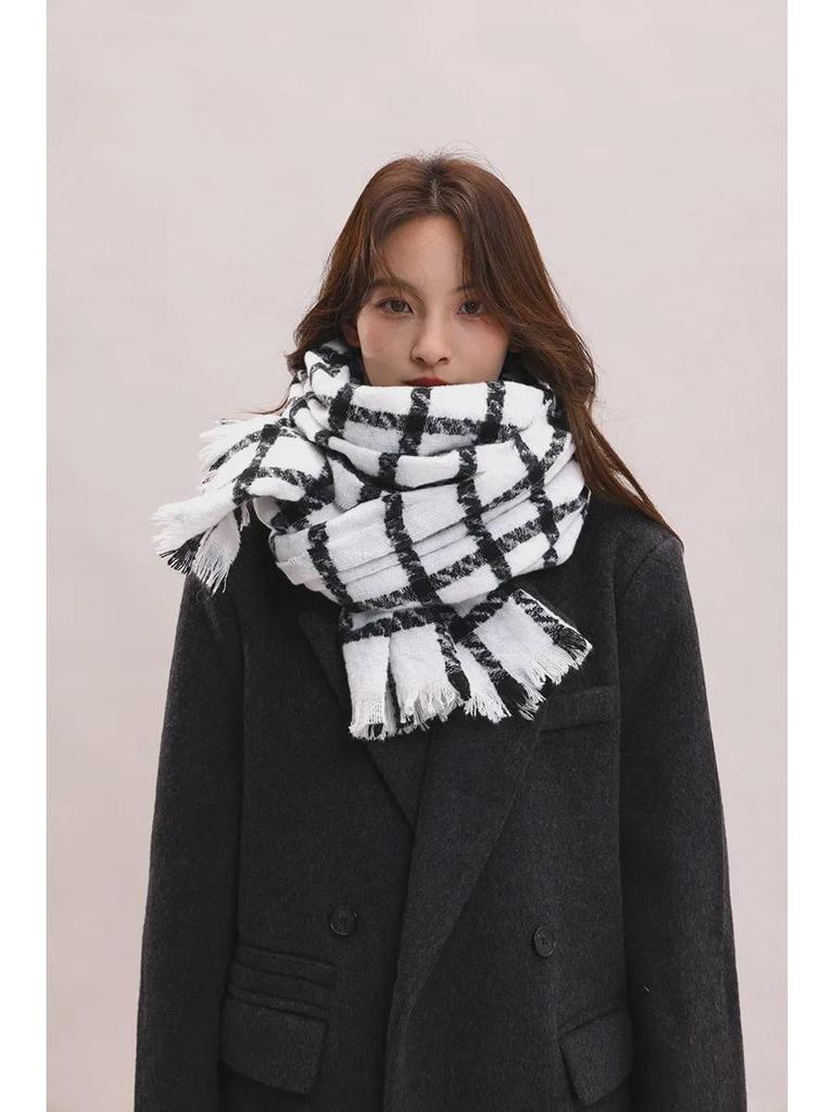 Женский толстый клетчатый шарф 2024 года: Корейский стиль, британская элегантность, теплая шаль для осени и зимы