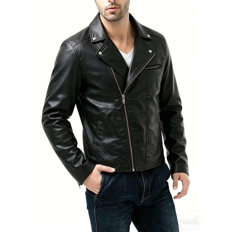 Men's PU Leather Jacket Lapel Motorcycle Jacket Autumn Slim Jacket Fashion Trend Burgundy Black