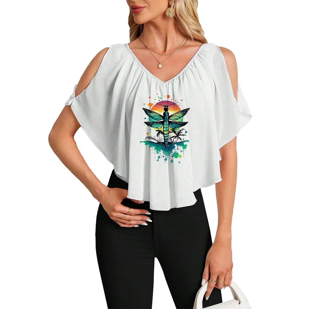 Женская повседневная футболка с V-образным вырезом и открытыми плечами с гавайским принтом