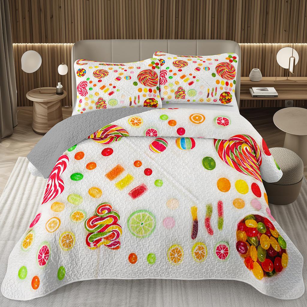 Сладкий Конфетный Комплект Квилтов для Девочек Мальчиков Подростков, Комплект Покрывал на Кровать на Тему Леденцов Кинг Десертное Стеганое Покрывало Мультяшный Стиль Покрывало на Кровать