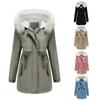 Women's Solid Color Hooded Warm Detachable Wool Collar Long Sleeved Cotton Jacket