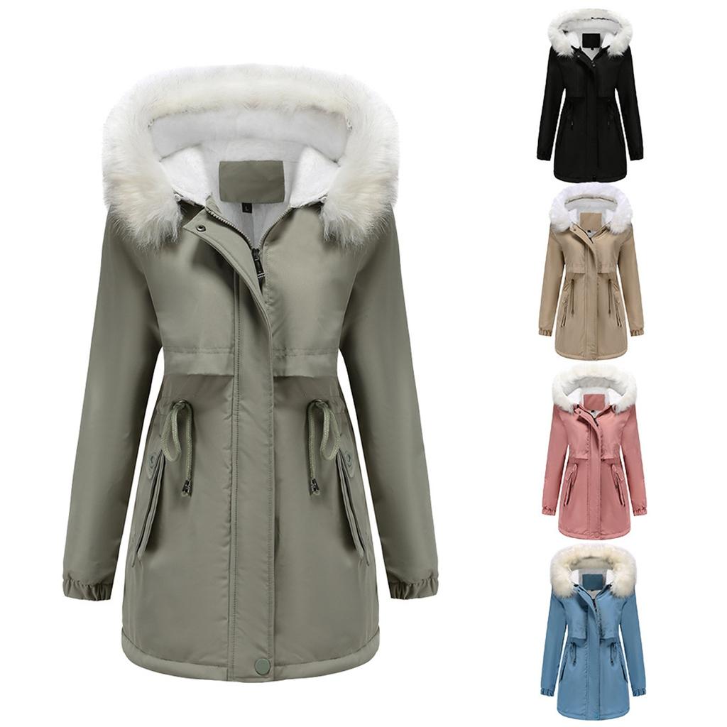 Women's Solid Color Hooded Warm Detachable Wool Collar Long Sleeved Cotton Jacket