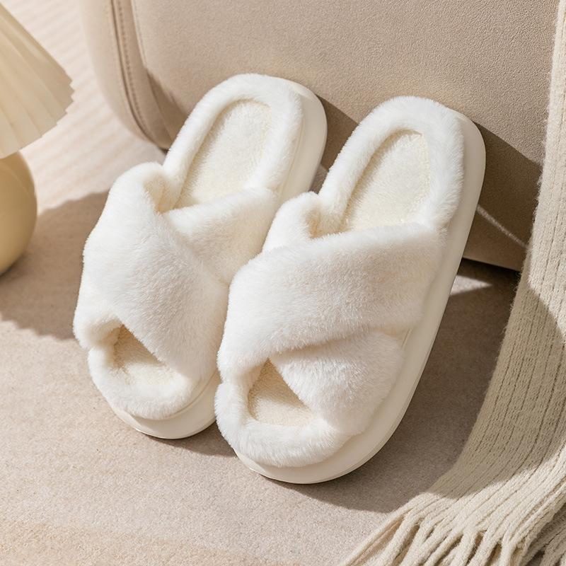 New Cotton Slippers Autumn and Winter Thickened Plush One-word Cotton Slippers Home Indoor Non-slip Warm Fashion Fluffy Drag Girl
