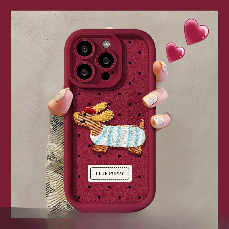 Polka Dot Embroidered Puppy Lanyard Suitable for Apple 13PROMAX Mobile Phone Case Iphone16 Lambskin 15 Silicone 14