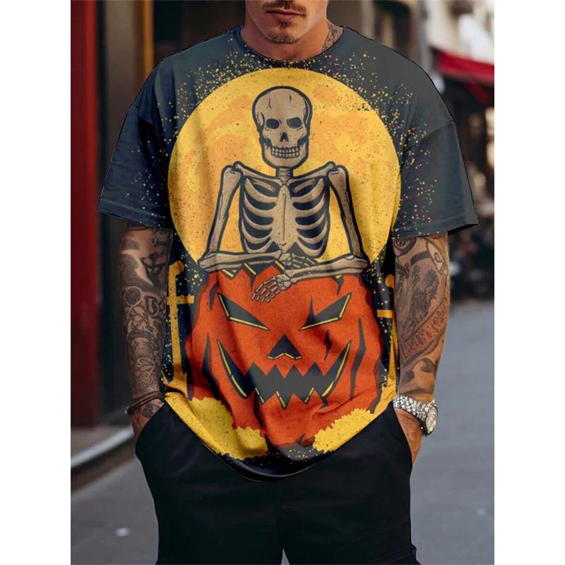 Новая забавная мужская футболка с 3D-принтом кота, футболка с рисунком тыквы и черепа на Хэллоуин, повседневный топ с круглым вырезом, свободным коротким рукавом, в стиле хип-хоп для нарядного выхода