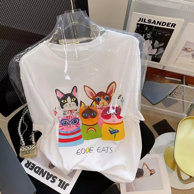 2026 Summer New Pure Cotton Cat Print Short Sleeve Women's Casual Versatile T-Shirt