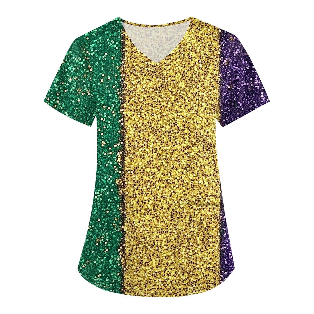 Женская карнавальная принтовая свободная униформа с V-образным вырезом и карманом с коротким рукавом