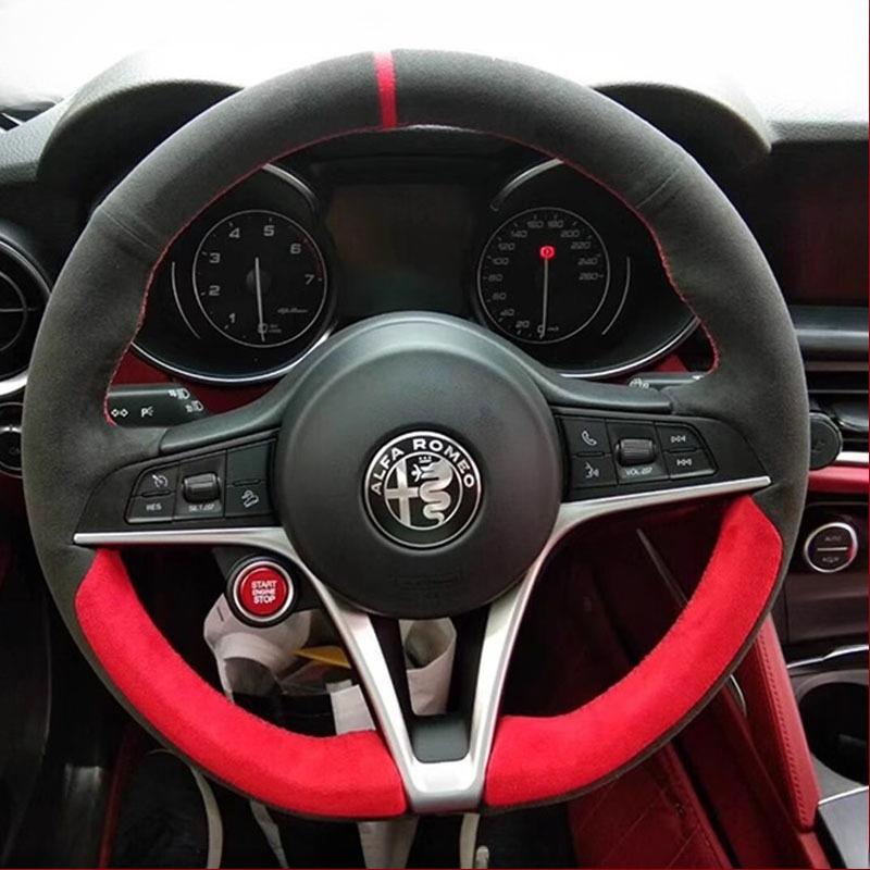 For Alfa Romeo Giulia Stelvio 2015-2018 Auto Parts hand-stitched non-slip Suede Blue line blue label Car Steering Wheel CoverDA4