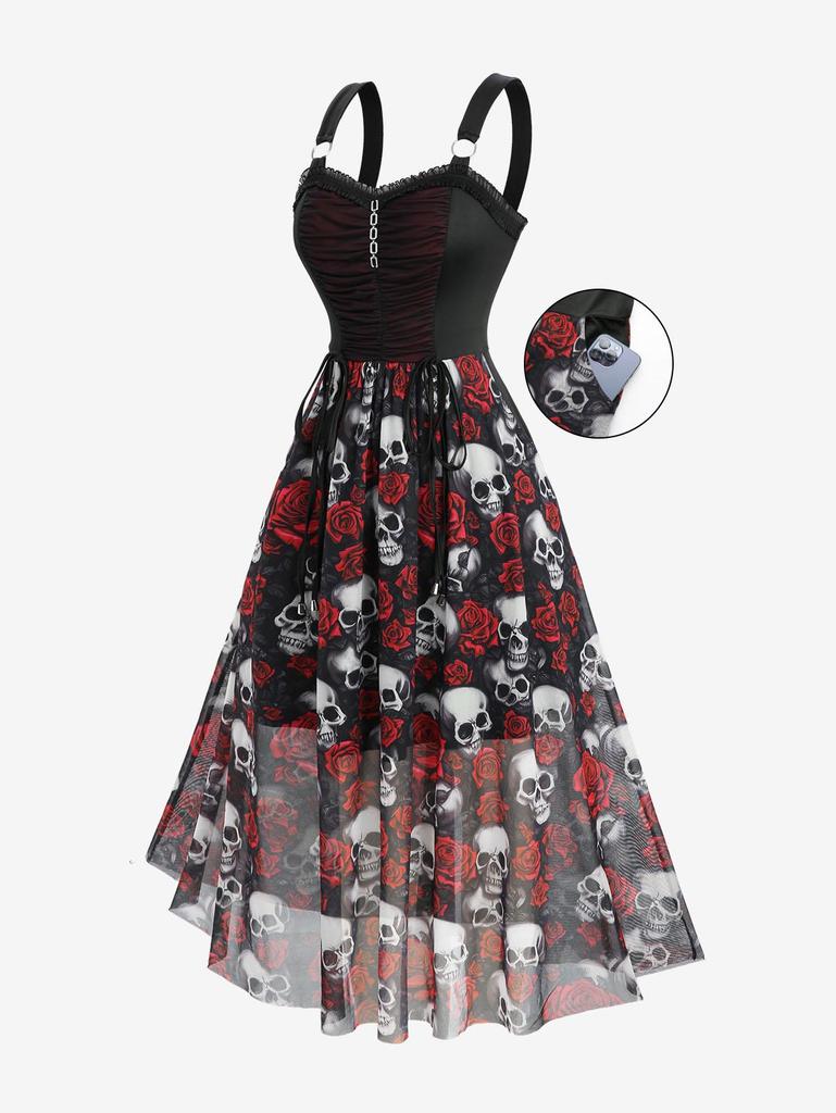 Rosegal Платье-майка готического стиля больших размеров с принтом роз и черепов, с драпировкой, оборками, цепочкой и кружевной отделкой