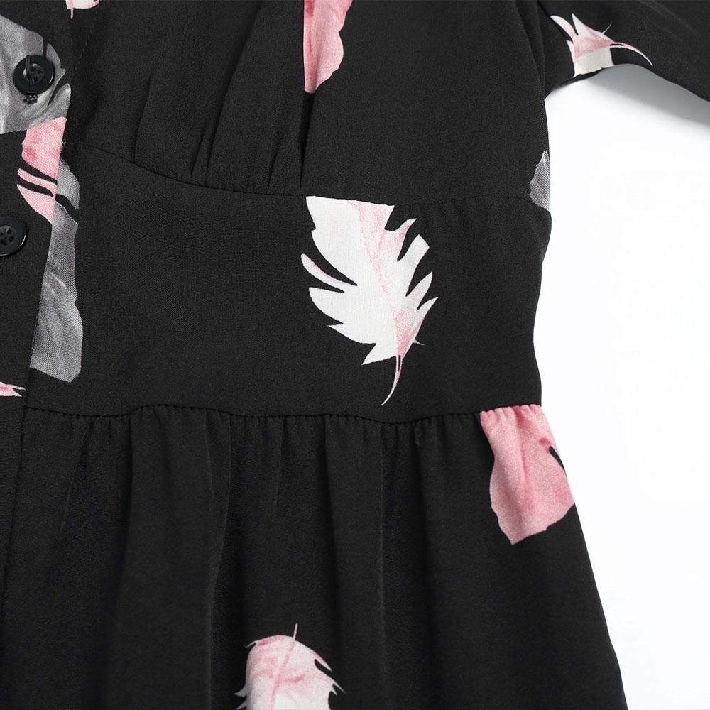 Casual Print Single Breasted Spring Summer Dress Short Sleeve V Neck High Waist Medium Long