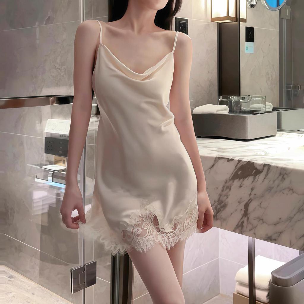 Пижама женская Ice Silk: Сексуальный комплект из двух частей: майка с драпированным вырезом и халат для лета, весны и осени.