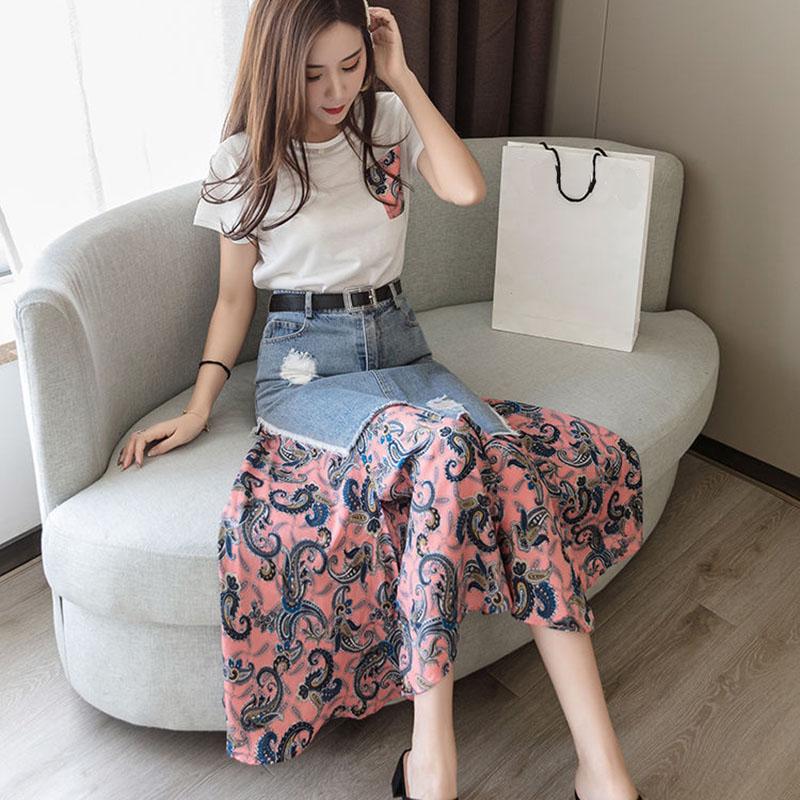 Floral Skirts Womens Medieval Pleated Long Goth Skirt A-LINE Irregular Denim Spliced Chiffon Jean Beach Maxi Skirt Y2k Summer