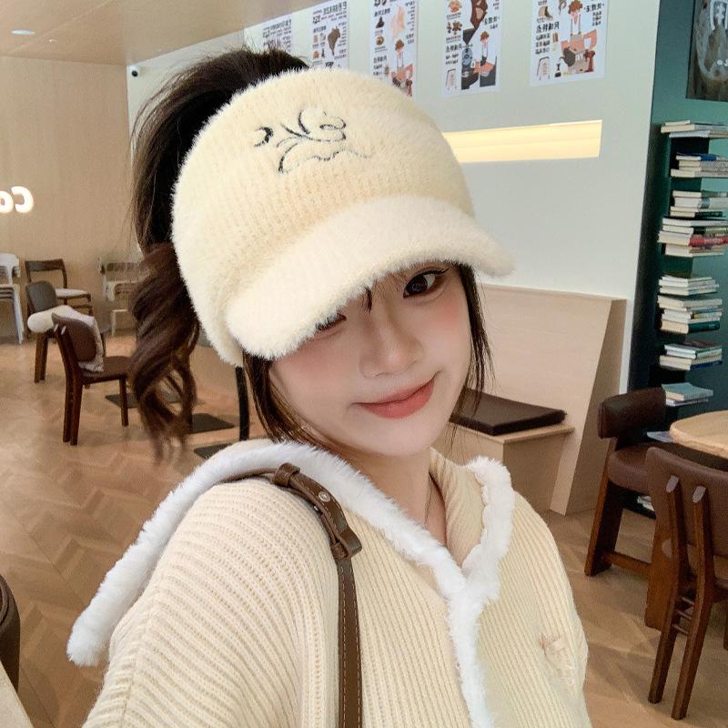 New Hat for Women's Solid Color Versatile Embroidered Knitted Wool Hat for Winter Warm Ear Protection Baseball Cap Thick