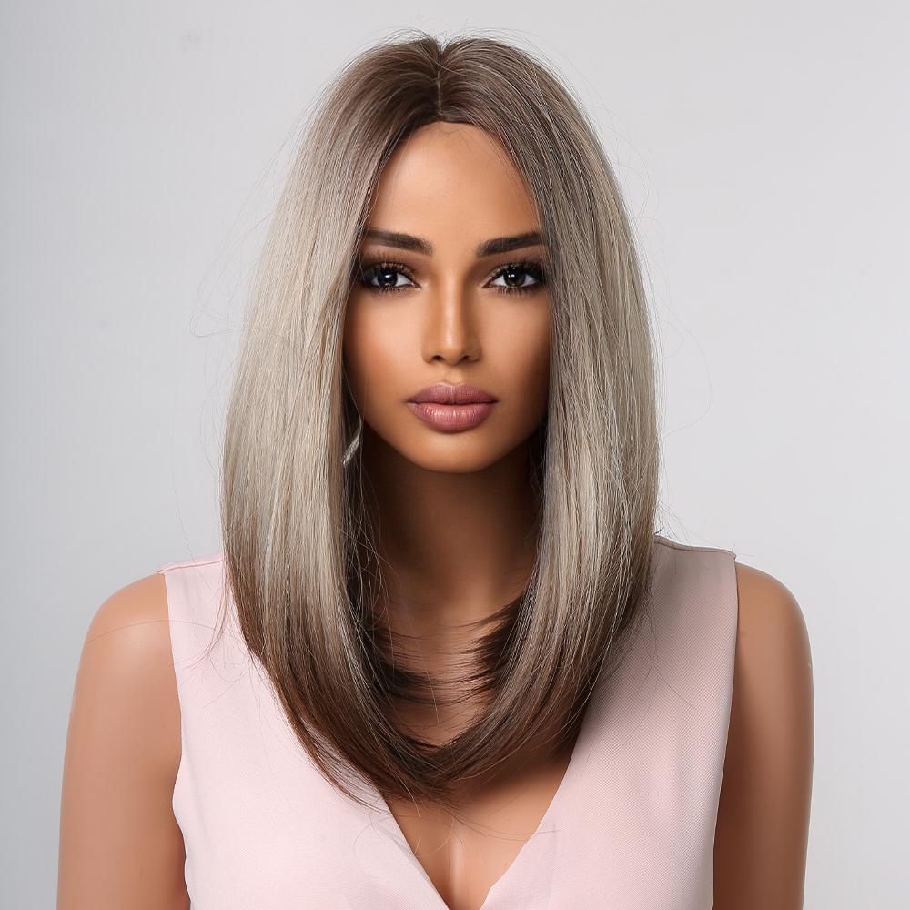 Коричневые пепельно-русые прямые парики для чернокожих женщин, синтетические волосы средней длины с эффектом омбре, термостойкие натуральные парики для вечеринок, для косплея