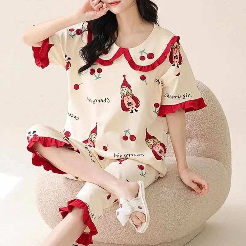 Летние пижамы-капри для женщин, повседневные пижамные комплекты с мультяшными лацканами, милая пижама для девочек из мягкого хлопка