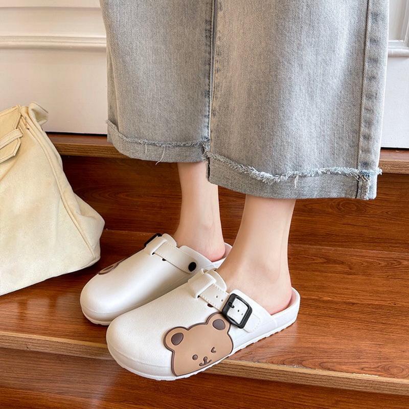 Летние женские сандалии, тапочки на толстой подошве, домашние шлепанцы, уличные милые тапочки с медвежонком, пляжные удобные туфли с пряжкой, женские туфли без каблуков