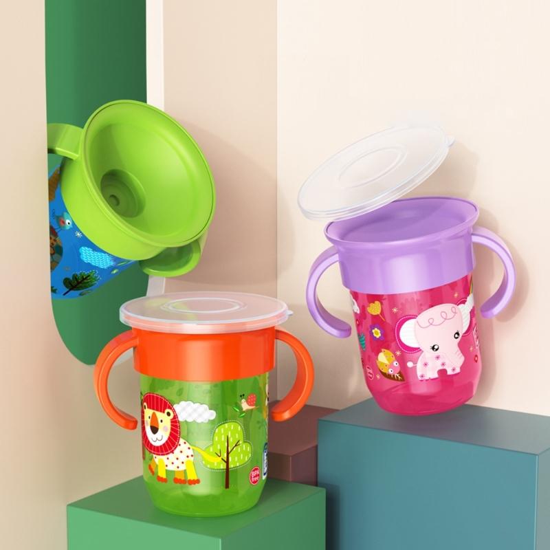 Baby Sip Cup with 360Degree Rotating Lid Portable Easy Grip Handle Leakproof Cup Learning Drink Water Bottle