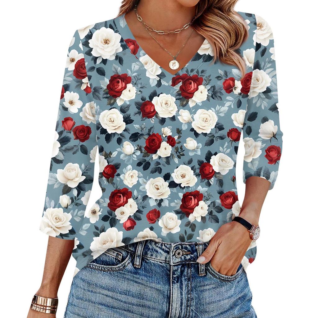 Женская футболка с принтом, рукав 3/4, повседневная мода на выходные, базовый топ с V-образным вырезом