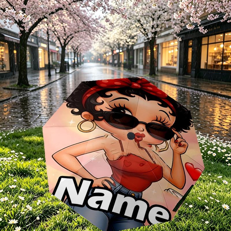 Custom Name Personalized Betty Boop Print Umbrella, Auto Open Close, 8‑Rib Sturdy Frame, Commute Camping Hiking Use, Birthday Gift