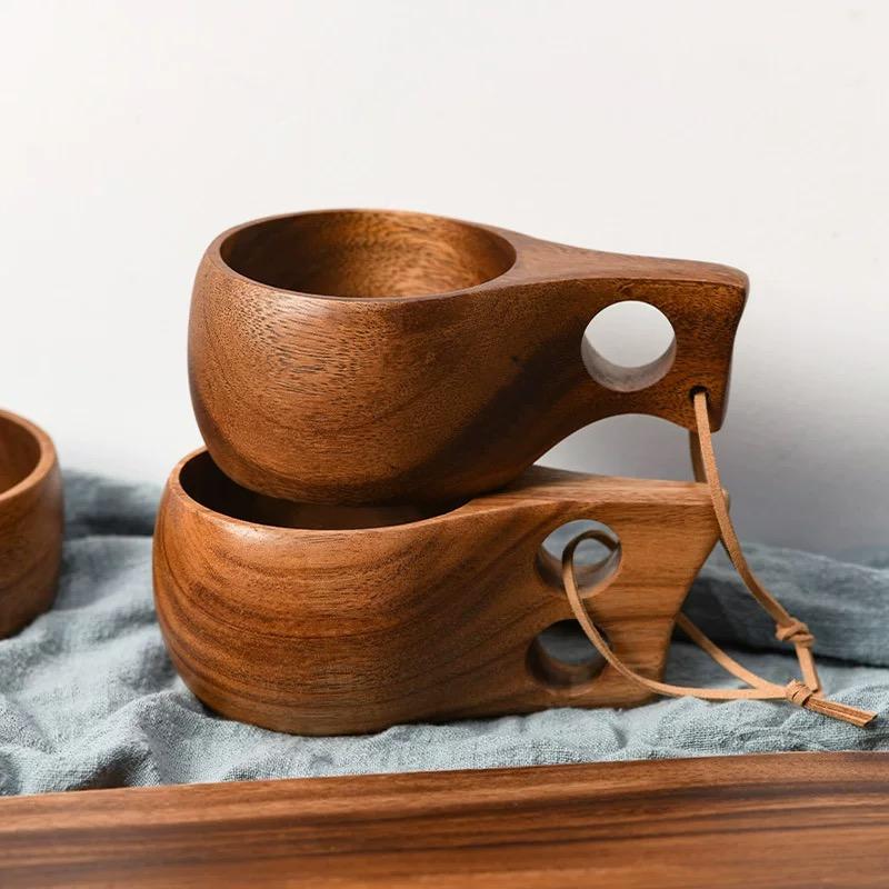 Wooden Finnish Cup Camping Outdoor Wooden Cup Acacia Wood Handle Handy Cup Pure Handmade Creative Milk Coffee Cups