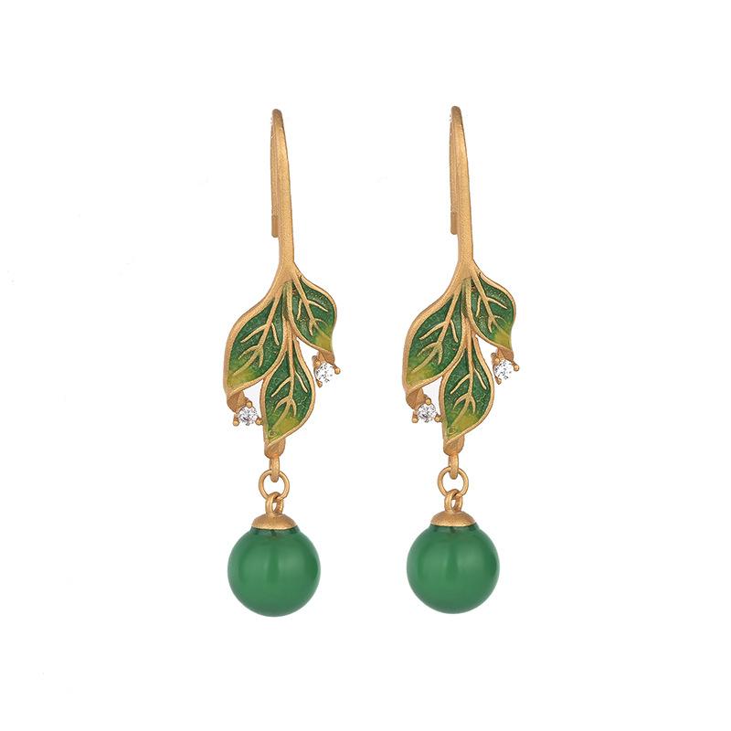 Green Jade Drop Dangle Earrings Boho Gemstone Leaf Design Hook 18K Gold Plated
