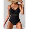 Vintage Mesh Patchwork One Piece Swimsuit Women Black Double Strap Pleate Transaprent Slim Tummy Control Swimwear 2025 Monokini
