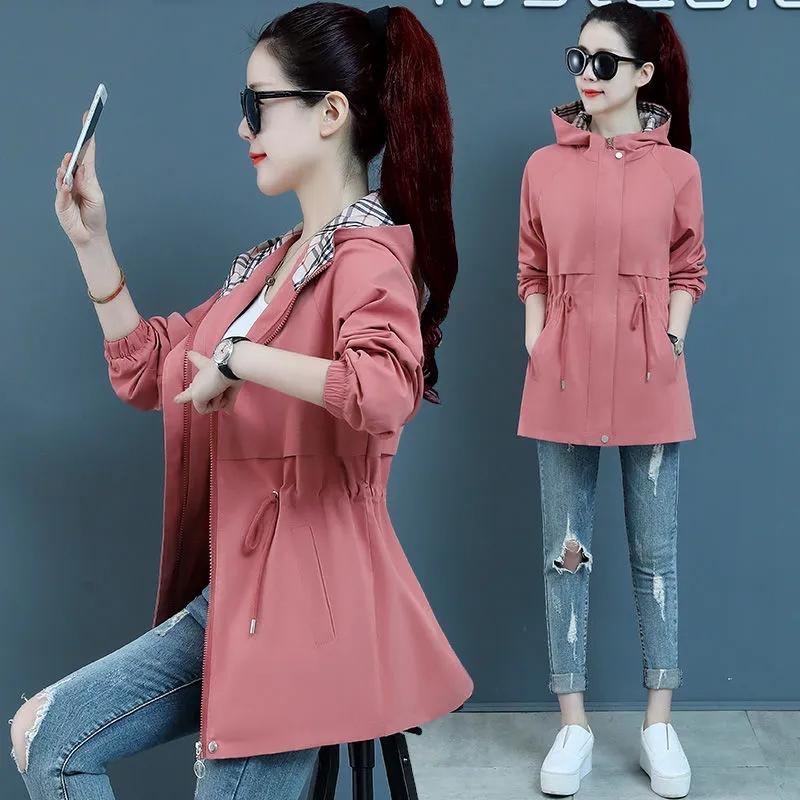 Женская куртка-тренчкот корейская весна-осень свободные длинные рукава короткие пальто женская ветровка с капюшоном верхняя одежда топы