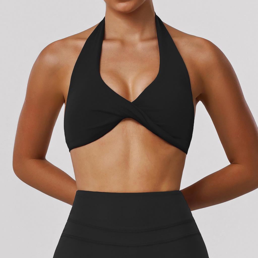 Женский спортивный топ-бра с halter-вырезом, скрученный спереди, для йоги, укороченный, со съемными вставками