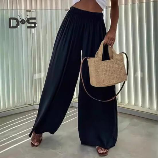 Women Pants Oversize Wide Leg Elastic Waist Casual Trousers Loose Fit Solid Color Thin Long Pants Daily Wear
