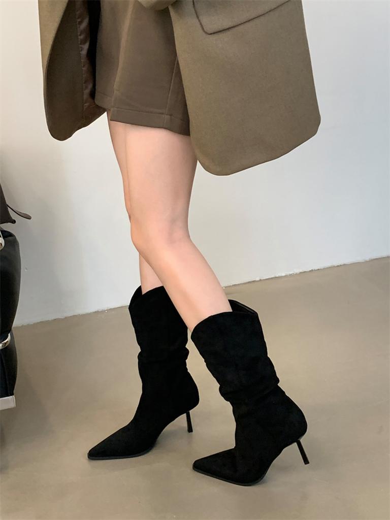 Модные женские сапоги с острым носком до середины голени Chelsea Botas на тонком высоком каблуке 2024 года. Новые поступления. Черные, бежевые, коричневые туфли-лодочки для вечеринок. Женские туфли 35-39