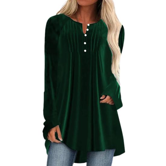 Women Velvet Shirt V-Neck Buttons Half Placket Long Sleeve Asymmetric Hem Pullover Tops Solid Color Mid-length Blouse