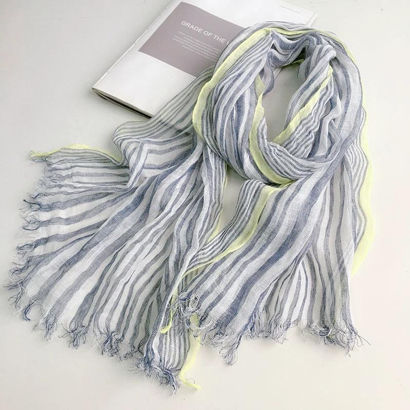 New Pure Linen Blue Striped Scarf for Women Fringed Men's Business Casual Dcorative Soft Linen Scarf