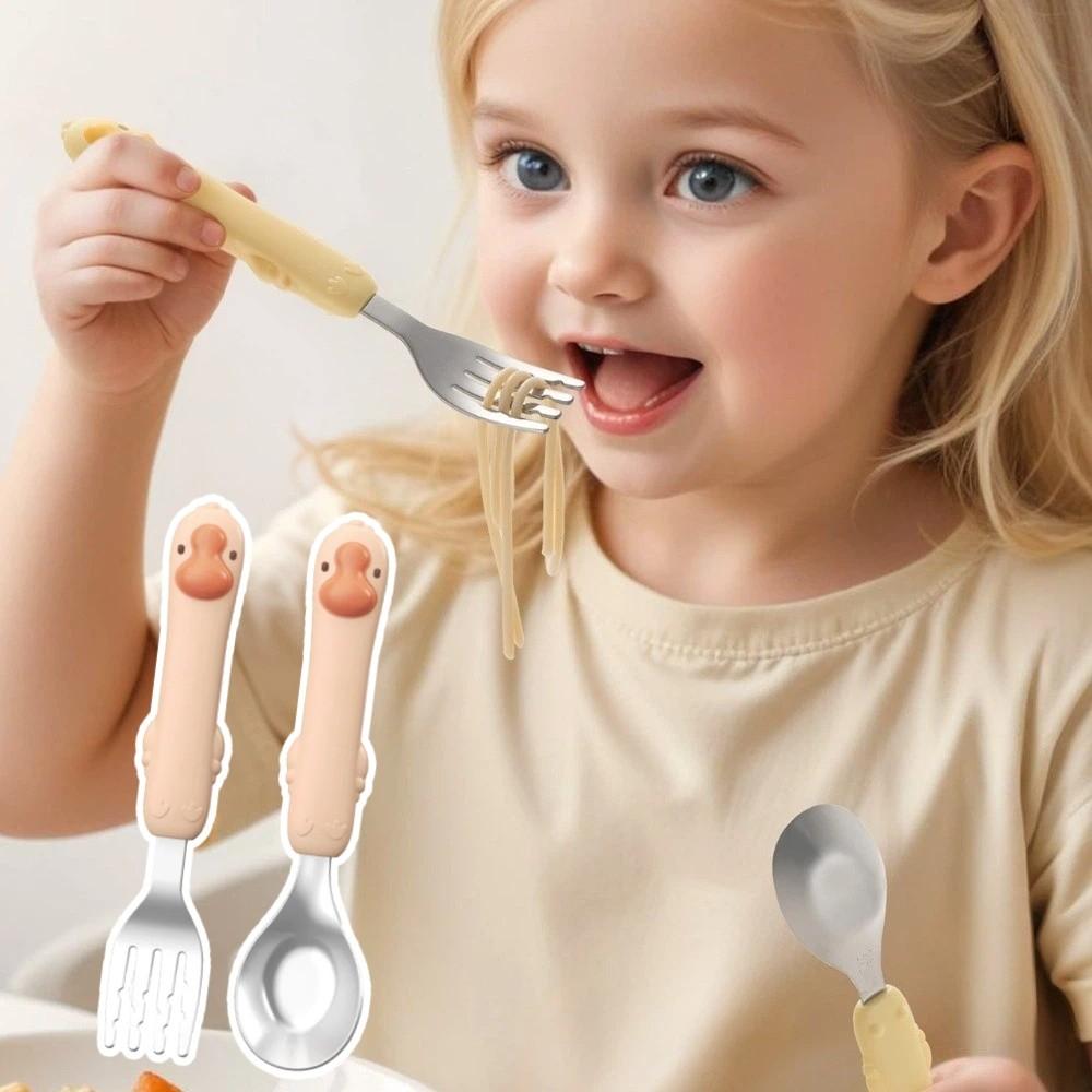 Self Feeding Baby Fork and Spoon Set 316 Stainless Steel Child Tableware  Training Eating