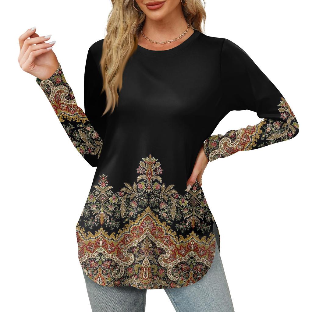 Женские рубашки с длинным рукавом и круглым вырезом, базовые свободные туники с боковым разрезом, повседневные рубашки с цветочным принтом