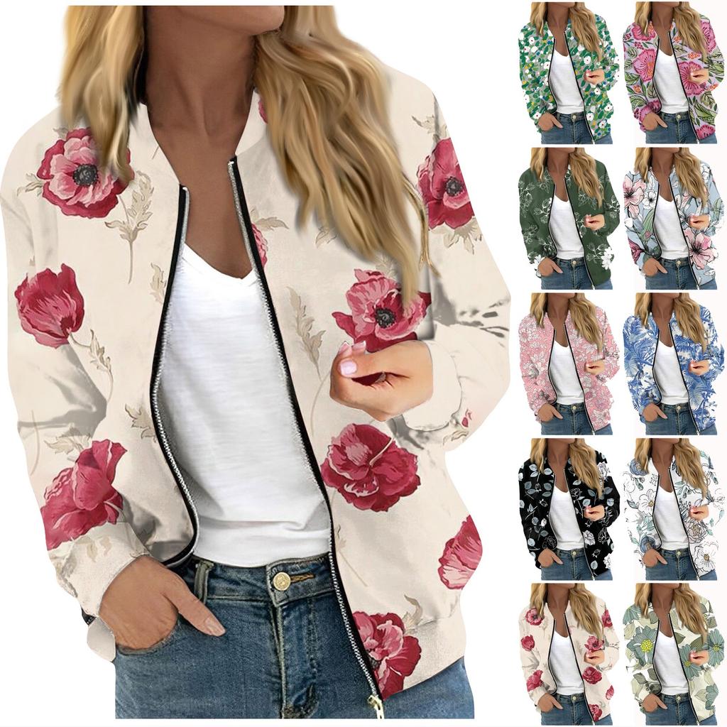 Women's Fashionable Casual Long Sleeve Floral/Leaf Print Round Neck Zipper Jacket