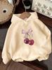 Women's Warm Fleece Hoodie with Red Cherry Bow Pattern