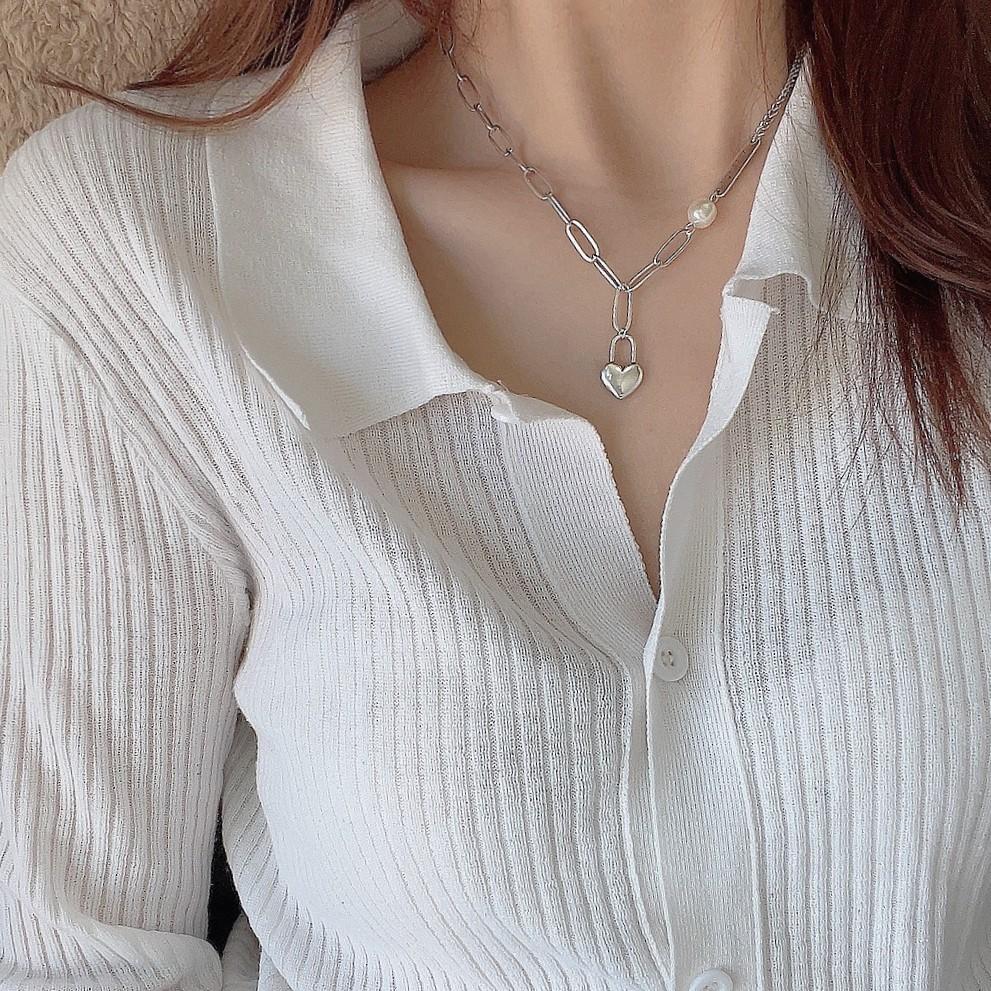 Heart-Shaped Necklace Women'S Personality Simple Hip-Hop Special-Shaped Pearl Letter Tag Love Lock Neck Chain